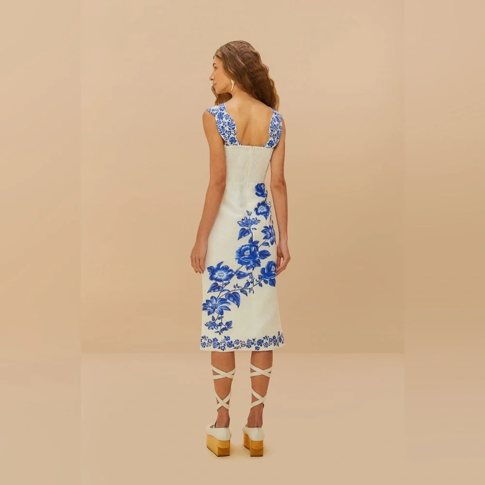 FARM RIO Floral Cascade Wavy Euroflax Premium Linen Midi Dress,Large,$280 - Picture 4 of 9